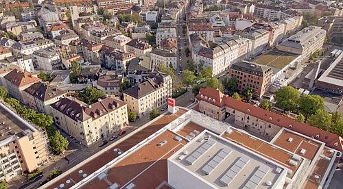 Aerial view of the new Volkstheater in Munich’s Schlachthof district
